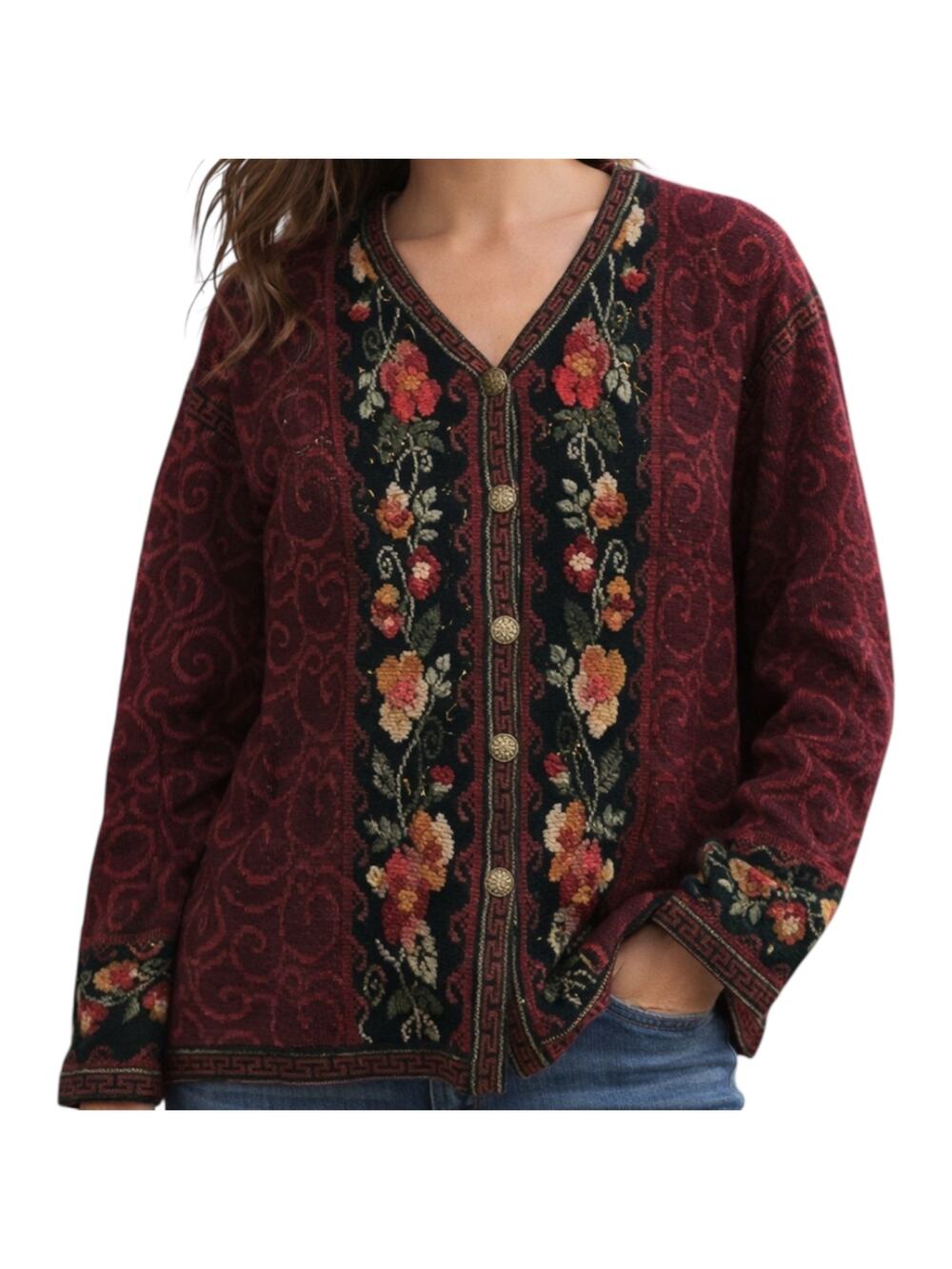 Vintage Icelandic Design Cardigan 100% Wool Pockets Floral Button Front Red L